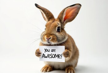 Compliment, congratulations and praise message. Rabbit holding banner with text  " you are awesome ".  Expression of gratefulness, motivation, appreciation.