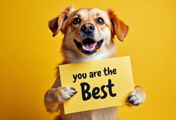 Appreciation message. Cute dog with a sign " you are the best ". Compliment, gratitude and praise concepts.