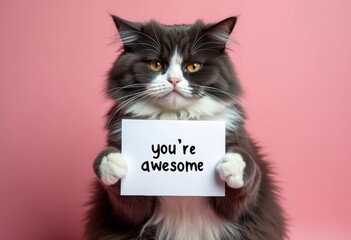 Compliment, congratulations and praise message. Cat holding banner with text  " you are awesome ".  Pink background. Expression of gratefulness, motivation, appreciation.