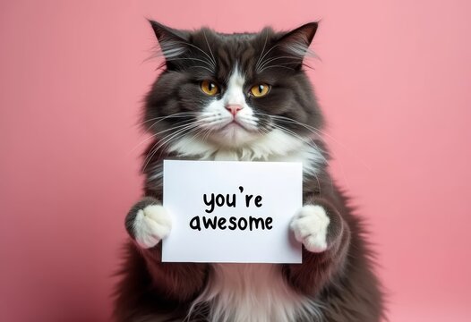 Compliment, congratulations and praise message. Cat holding banner with text  " you are awesome ".  Pink background. Expression of gratefulness, motivation, appreciation.