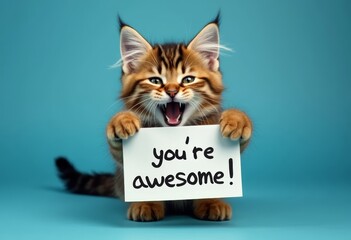 Compliment, congratulations and praise message. Funny cat cub holding in his feet a text note  