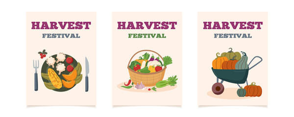 Set of harvest festival cards. Happy harvest posters. Autumn, harvest and Thanksgiving concept. 