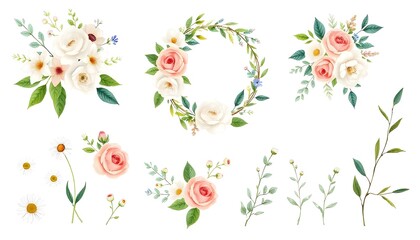 A floral wreath with pink and white flowers surrounded by greenery, with additional floral elements and leaves scattered throughout the image