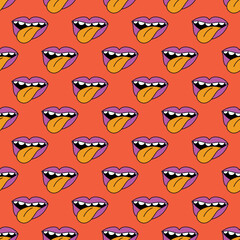 seamless square pattern - open mouth in punk rock style. Rock and roll ornament in funky and groove style of the 1970s. Good vibes only - psychedelic hippie print. Nostalgia for retro and bizarre char