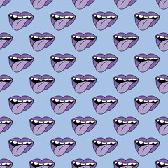 seamless square pattern - open mouth in punk rock style. Rock and roll ornament in funky and groove style of the 1970s. Good vibes only - psychedelic hippie print. Nostalgia for retro and bizarre char