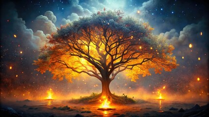 tree of life ablaze with fierce oranges and yellows amidst misty midnight forest eerily lit by flickering flames casting mystical shadows