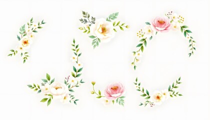 A floral wreath with pink and white flowers surrounded by greenery, with additional floral elements and leaves scattered throughout the image