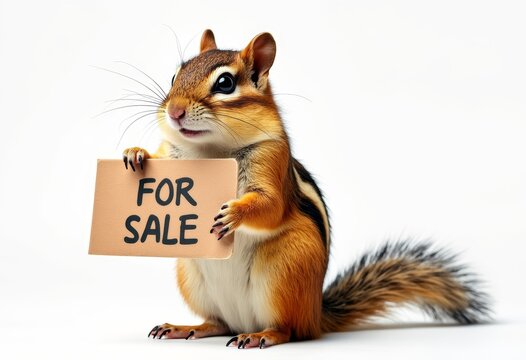 Promotion message to attract buyers.  Animal holding sale banner ; chipmunk isolated against white background. Advertising support. Eye-catching design perfect to showcase listings. 