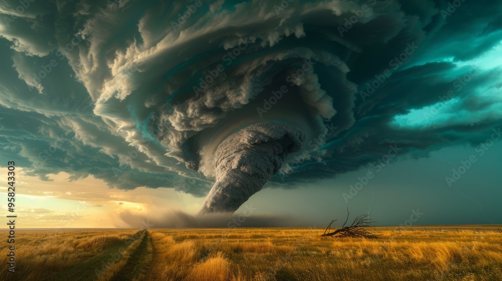 Poster a tornado is blowing through a field of yellow grass