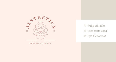 Elegant young woman face beauty portrait line art logo design template vector illustration. Beautiful female gentle lady silhouette linear logotype for spa relax cosmetic cosmetology brand salon