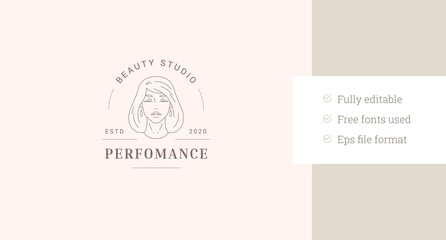 Romantic natural beauty young woman face line art logo design template vector illustration. Elegant feminine lady portrait minimalist linear logotype for coiffure cosmetic cosmetology brand shop