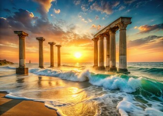 Naklejka premium serene turquoise waves caressing crumbling ancient greek columns on a misty dawn beach with warm golden light and subtle sea spray