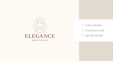 Young woman with natural beauty face line art logo design template vector illustration. Beautiful female portrait minimalist linear logotype for cosmetic skin hair care coiffure brand shop