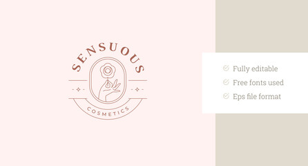 Elegant woman hand holding rose flower circle line art logo design template vector illustration. Beautiful botanical blossom plant in female arm minimalist linear logotype for skin care cosmetic brand