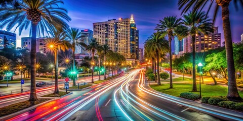 surreal long exposure shot of orlando's thornton park district during nighttime with blurred motion of cars and neon lights