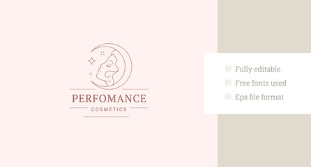 Obraz premium Woman night witch dream portrait minimalist line art logo design template vector illustration. Beautiful female face with crescent and star linear logotype for coiffure cosmetic skin care beauty brand