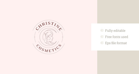 Obraz premium Sacred botany woman portrait with natural beauty circle line art logo design template vector illustration. Mythology beautiful female with crescent linear logotype for makeup artist coiffure salon