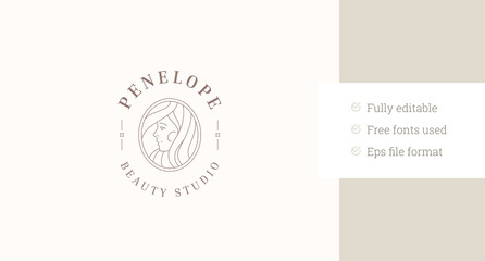 Beautiful young woman face with hair circle line art logo design template for coiffure vector illustration. Elegant feminine lady portrait minimalist linear logotype for skin care beauty salon brand