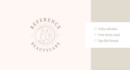 Beautiful mythology woman face with crescent and stars line art logo design template vector illustration. Dream witch sacred female portrait logotype for organic skin care cream cosmetic brand