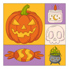 Halloween modern geometric square poster with spooky elements from pumpkin, candle, skull, candy, cauldron with magic potion. Trendy holiday vector illustration for postcard, banner, social media