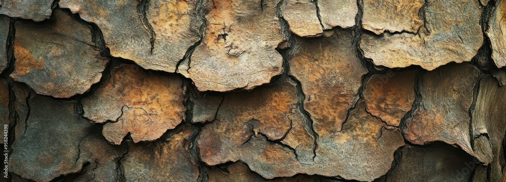 Poster Close-up Texture of Rough Tree Bark with Deep Cracks and Fissures