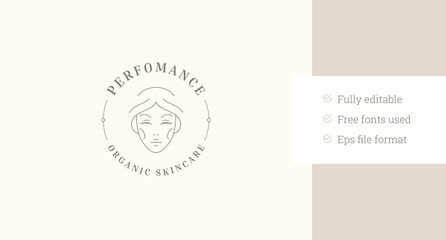Young woman face circle minimalist line art logo design template for beauty brand vector illustration. Female portrait linear logotype for skin hair care cosmetic spa wellness organic cosmetology shop