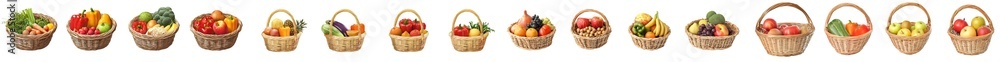 Poster an image of a collection of fruits and vegetables in a basket on a transparent background