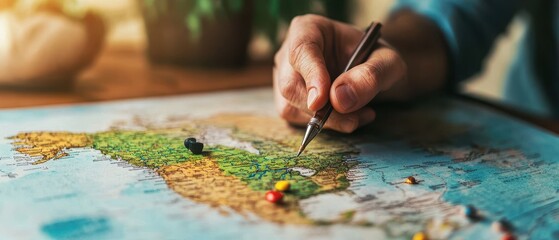 Close-up of Hand Marking Travel Destinations on a Map with Push Pins and Pen