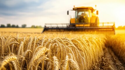Fototapeta premium Golden Wheat Field with Modern Combine Harvester at Sunset During Harvest Season