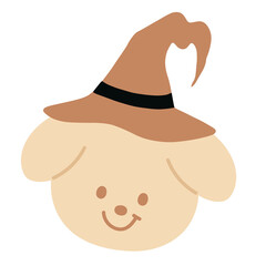 Illustration of puppy wearing witch hat for Halloween decoration, animal, pet shop, vet, card print, cartoon character, cute patches, shirt print, plush toy, kid doll, October element, sticker