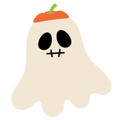 Illustration of ghost wearing pumpkin hat for Halloween, spooky decoration, monster, card print, cartoon character, patches, plush toy, kid doll, October element, sticker, campaign badge, costume, ads