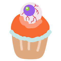 Illustration of cupcake with bloody eye for Halloween menu, sweet dessert, cafe, restaurant, recipe, baking book, patch, shirt print, October element, snack, card print, sticker, spooky decoration