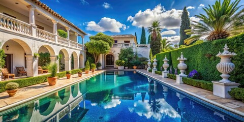 Fototapeta premium tranquil ultramarine pool water mirroring a classic white-washed Mediterranean villa with lush greenery and ornate stone carvings at midday