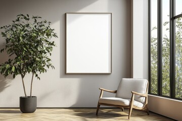 Poster Frame in Beige minimalist living room interior created with generative AI