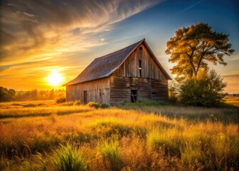 Obraz premium Rustic rural landscape, abandoned old barn, warm golden light, soft focus, shallow depth of field, rugged natural textures, peaceful serene atmosphere
