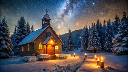 intimate candlelit moment inside cozy rural church amidst snow-covered pine trees and starry winter night sky