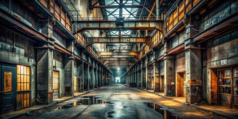 Obraz premium rusted metal corridors abandoned warehouses gray concrete floors dim lighting gritty atmosphere desaturated colors industrial decay concept urban grit style
