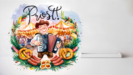 Obraz premium Festive Oktoberfest Joy: Happy Accordion Player with Vibrant Decorations and Prost Yupography!