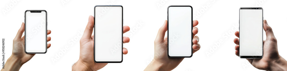 Aufkleber the hand is holding a smartphone in a transparent mobile screen mockup. no background is included.