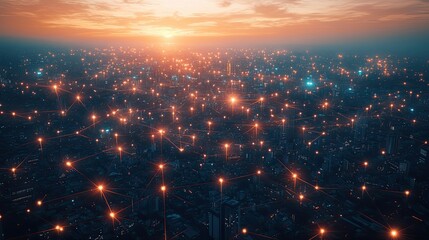 A futuristic smart city connected by a glowing communication network, clear copy space, no people