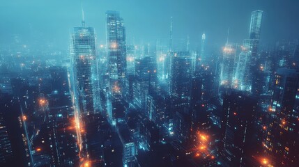 Obraz premium A futuristic smart city with a glowing communication network overlay, ample copy space, no people.