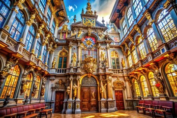 Obraz premium richly ornate guildhalls Baroque architecture bright morning sunlight stunning stained glass ornate wooden accents opulent decorative elements lavish details