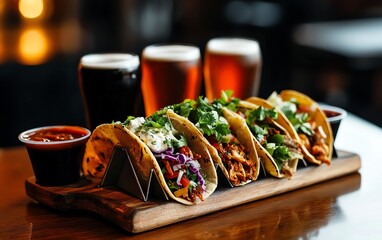 A delicious row of assorted tacos on a wood tray, accompanied by three types of beer, capturing an inviting dining experience. - Powered by Adobe