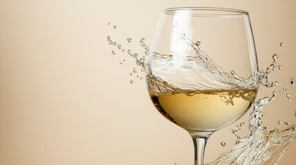 A splash of white wine in a glass, creating dynamic waves, ample copy space, no people.
