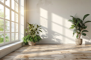 An empty living room with a white wall serves as backdrop in stock photo 