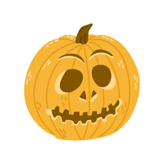 Hand drawn yellow Halloween pumpkin in flat style. Spooky design for autumn holiday isolated on white background. Cute angry jack o lantern