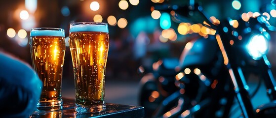 Two pints of beer on a table at night with blurred motorcycles in the background, creating a vibrant urban atmosphere.