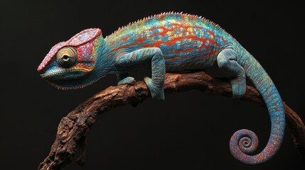 Fototapeta premium A Chameleon Panther perched on a branch, showcasing its vibrant, iridescent colors that shift and change depending on the angle of the light.