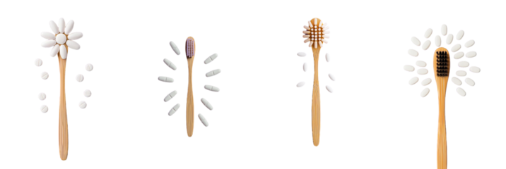 Using bamboo toothbrushes, eco toothpaste in tablets, and dried plants. A flower is shaped on a violet background, and the toothbrush is disposable.
