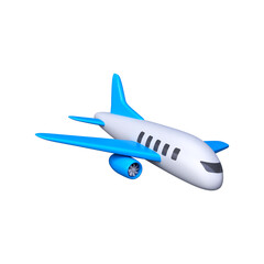 3D blue and white airplane in cartoon style. Travel concept.